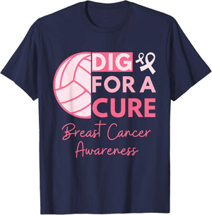 Breast Cancer Awareness Dig For A Cure Volleyball Pink Out T-Shirt - T-Shirt | Navy