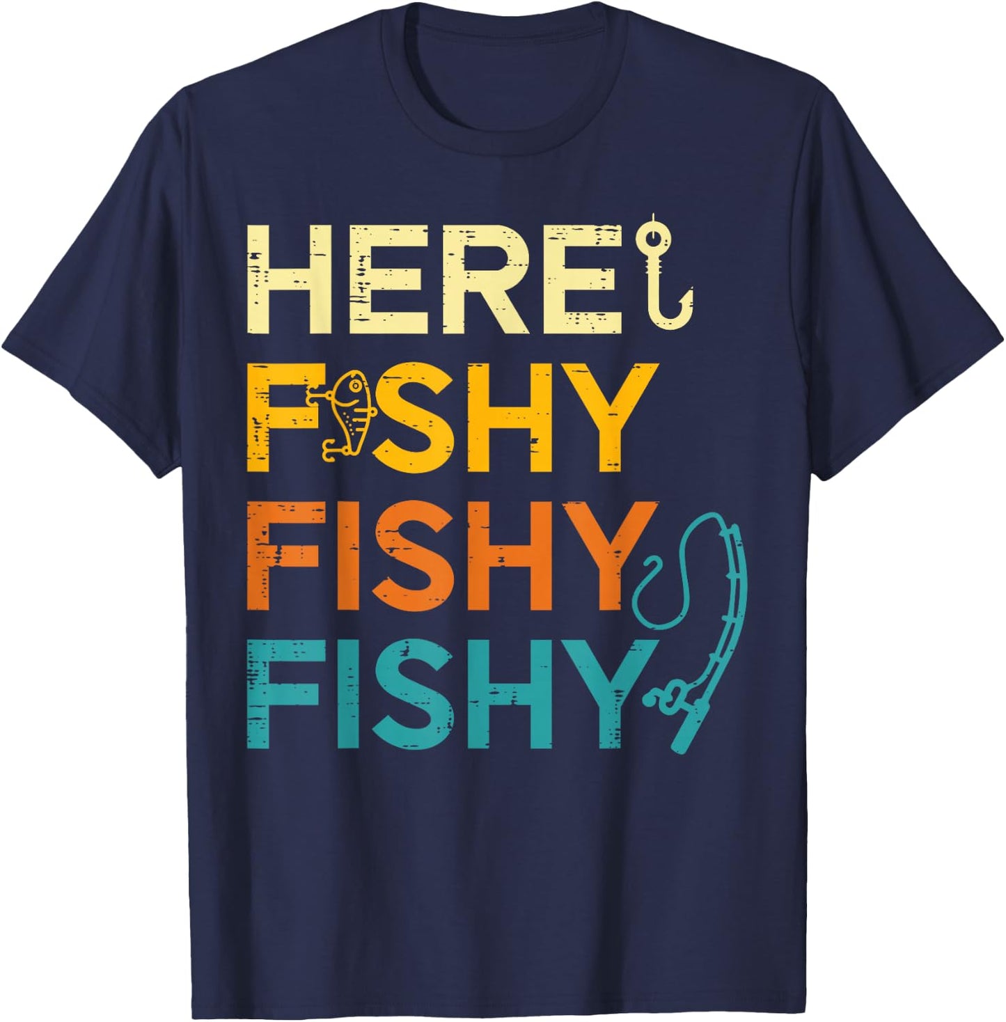 Fishing Here Fishy Retro Fish Lover Fisherman Men Women Kids T-Shirt - T-Shirt | Navy