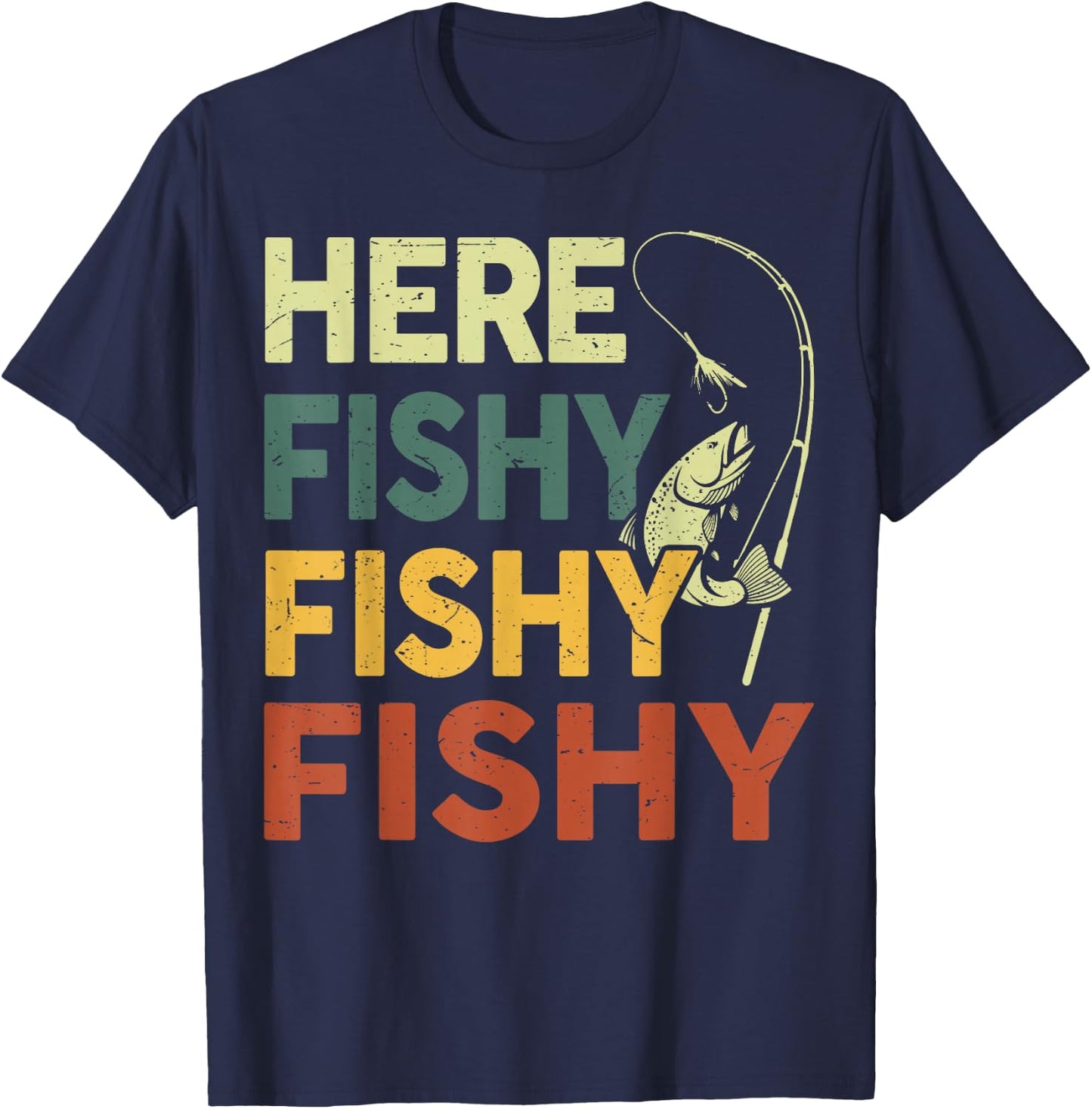 Here Fishy Fishing Shirt Bass Fish Dad Gift Funny Fisherman T-Shirt - T-Shirt | Navy