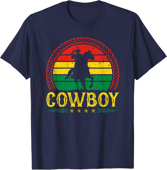 African American Countryboy Retro Sunset Cowboy Graphic T-Shirt - T-Shirt | Navy