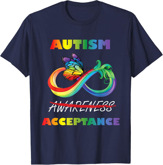 Autism - Red Instead Infinity - Acceptance Butterfly T-Shirt - T-Shirt | Navy