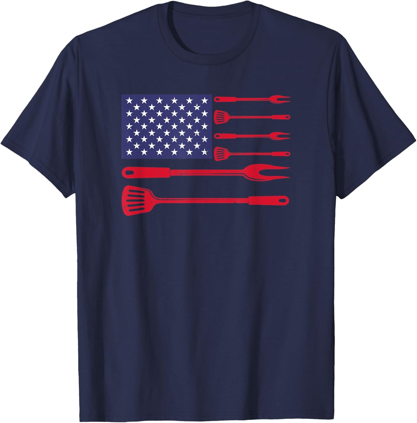 4th of July BBQ Grilling Utensil USA Patriotic American Flag Women Men T-Shirt - T-Shirt | Navy