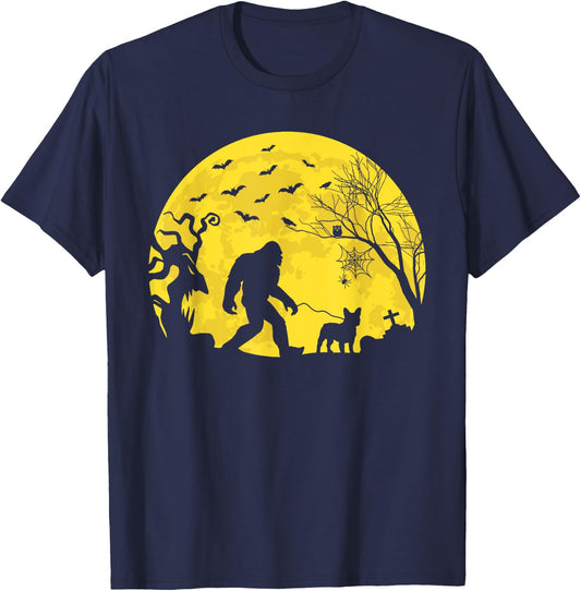 Halloween Bigfoot Walking French Bulldog T-Shirt - T-Shirt | Navy