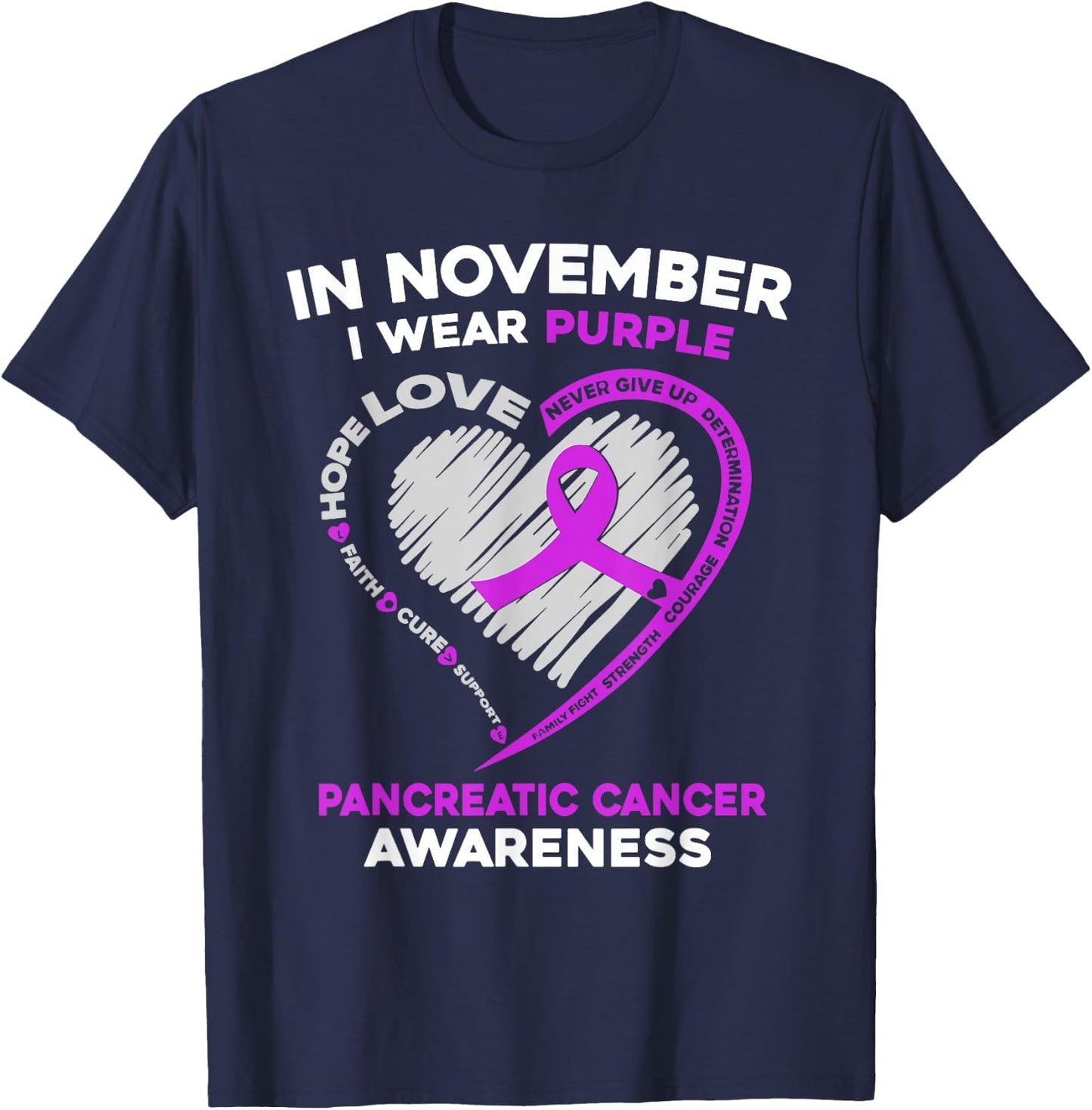 In November We Wear Purple Heart Pancreatic Cancer Awareness T-Shirt - T-Shirt | Navy