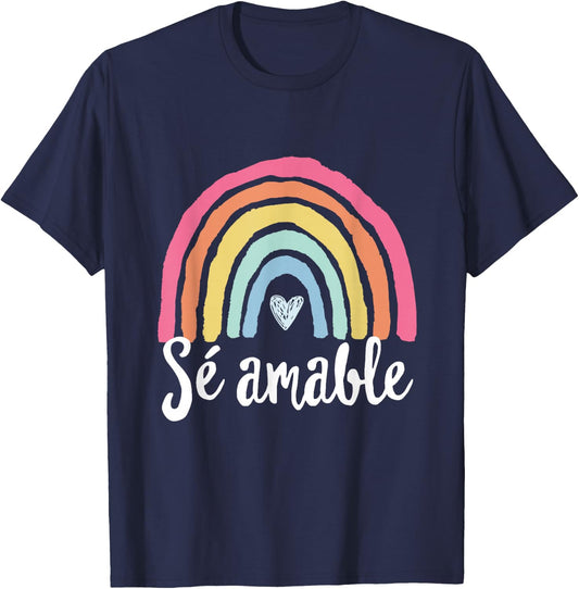 Sé amable Spanish Bilingual Teacher Be Kind Boho Rainbow T-Shirt - T-Shirt | Navy