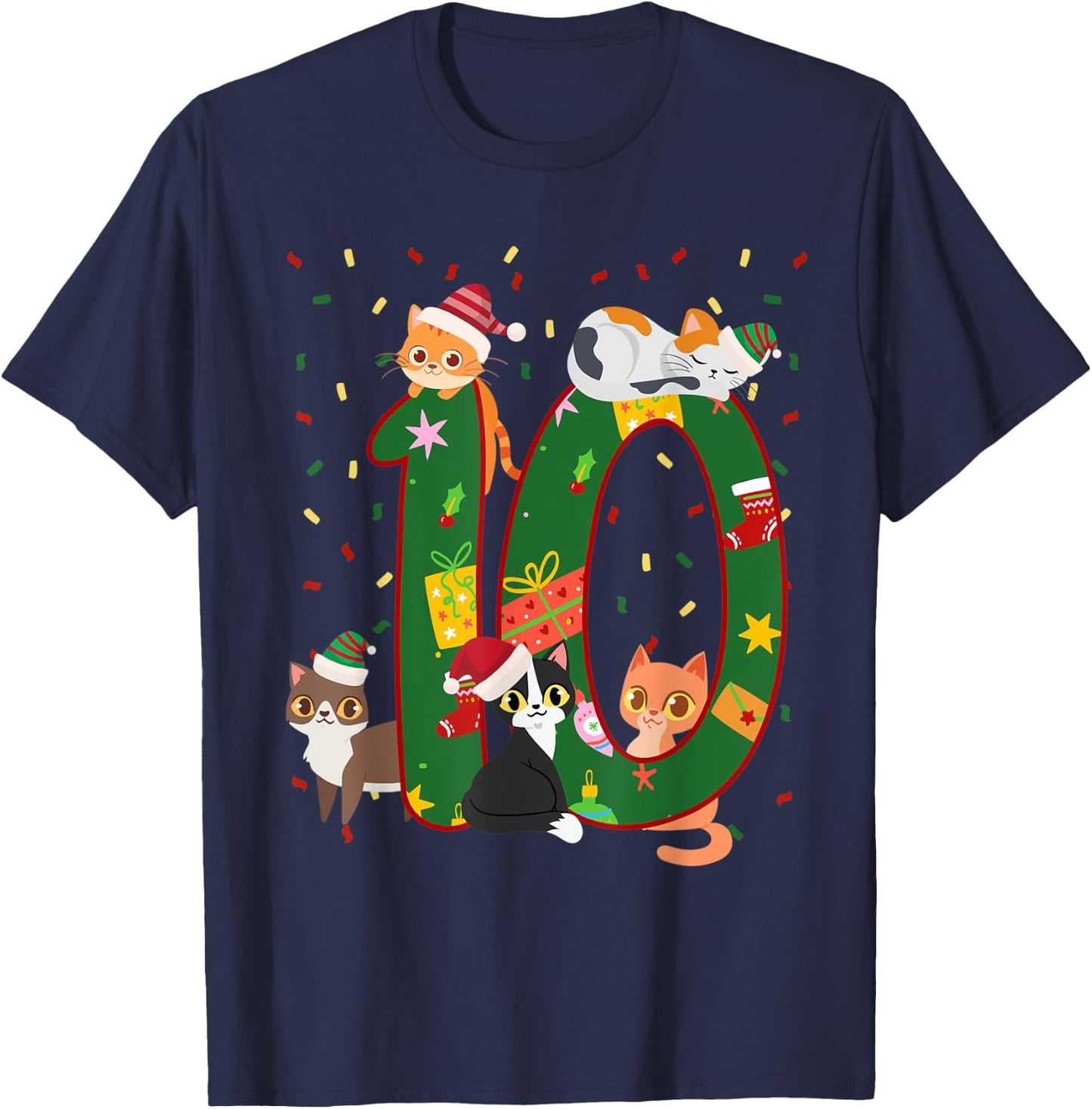 10 Years Old Kids Xmas Cute Cats 10th Birthday Christmas T-Shirt - T-Shirt | Navy