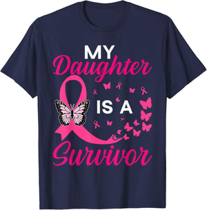 My Daughter Is A Survivor Breast Cancer Awareness Butterfly T-Shirt - T-Shirt | Navy