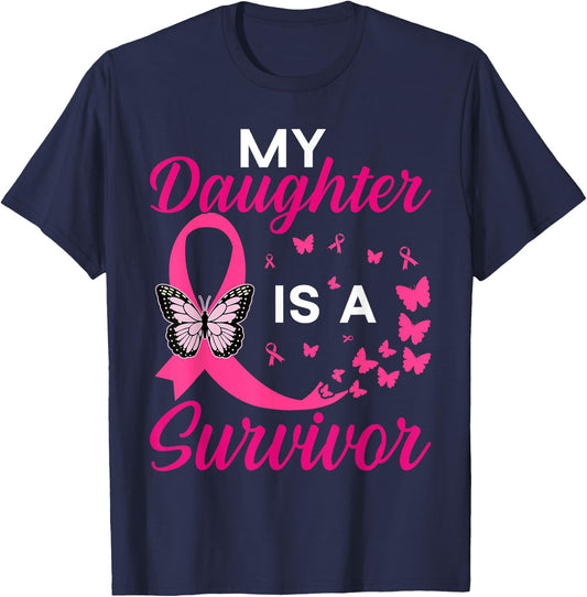 My Daughter Is A Survivor Breast Cancer Awareness Butterfly T-Shirt - T-Shirt | Navy