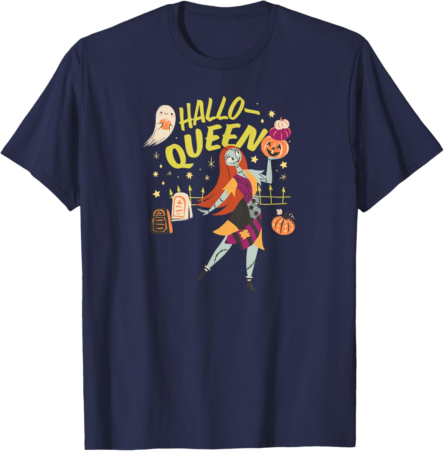Amazon Essentials Men's Nightmare Before Christmas Halloween Sally Hallo-Queen , Black Graphic Print, Small T-Shirt - T-Shirt | Navy