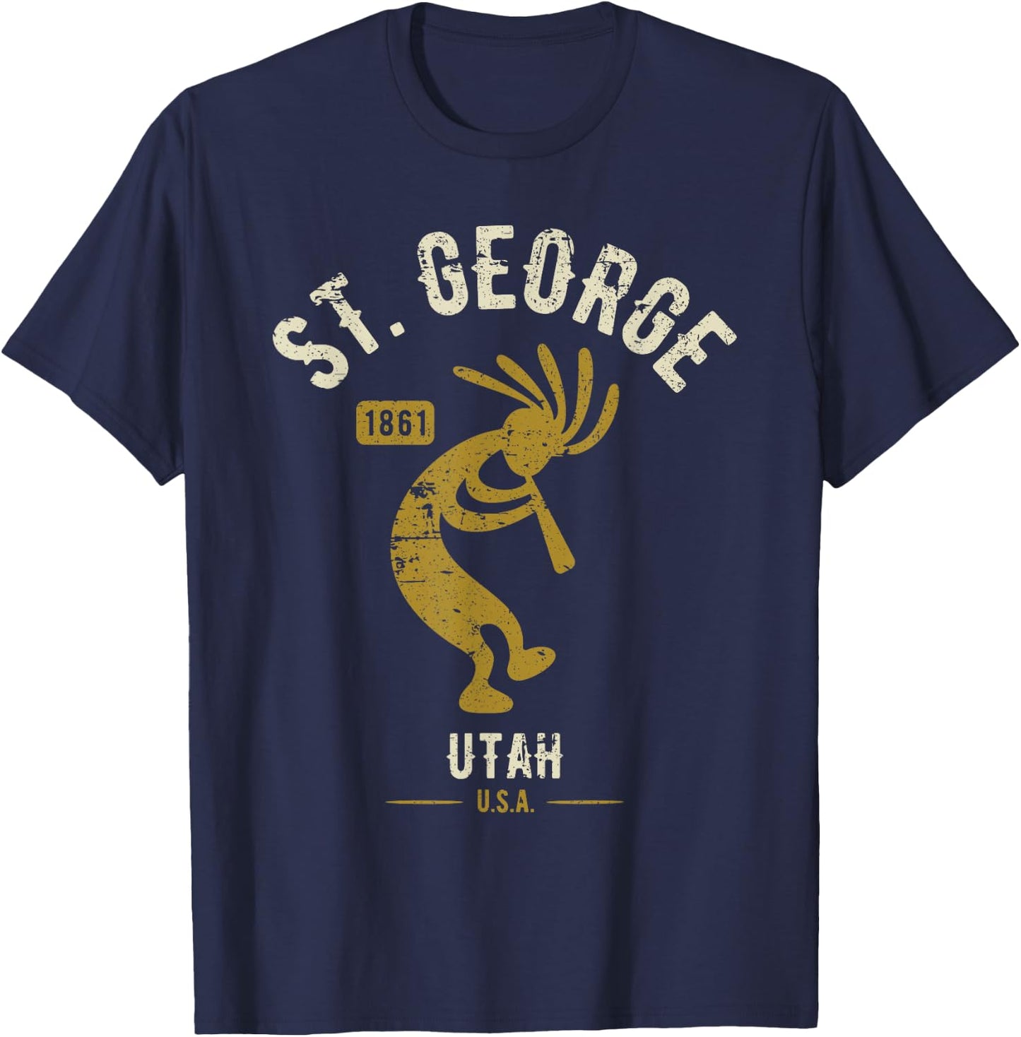 St George Utah USA Dancing Kokopelli Distressed Design T-Shirt - T-Shirt | Navy