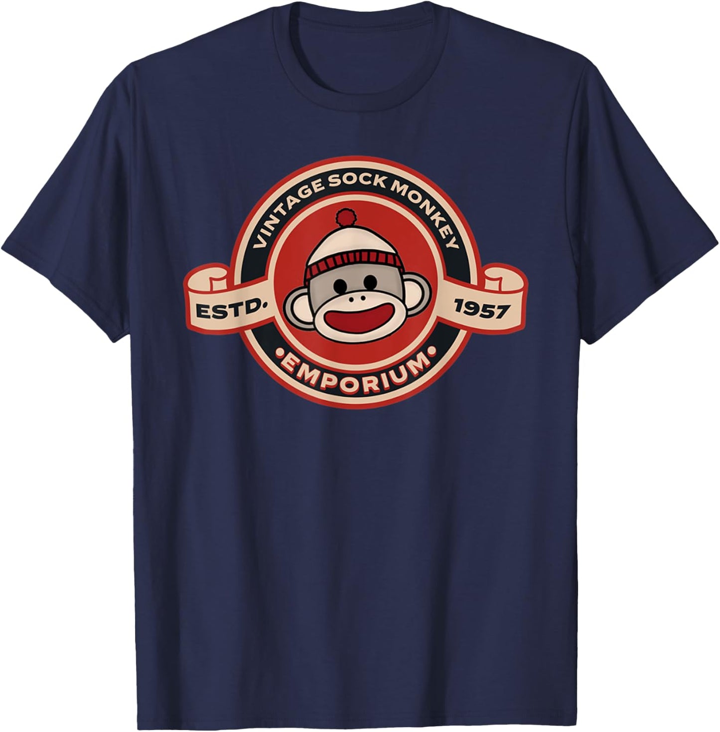 Vintage Sock Monkey Emporium Logo Emblem Sock Monkey T-Shirt - T-Shirt | Navy