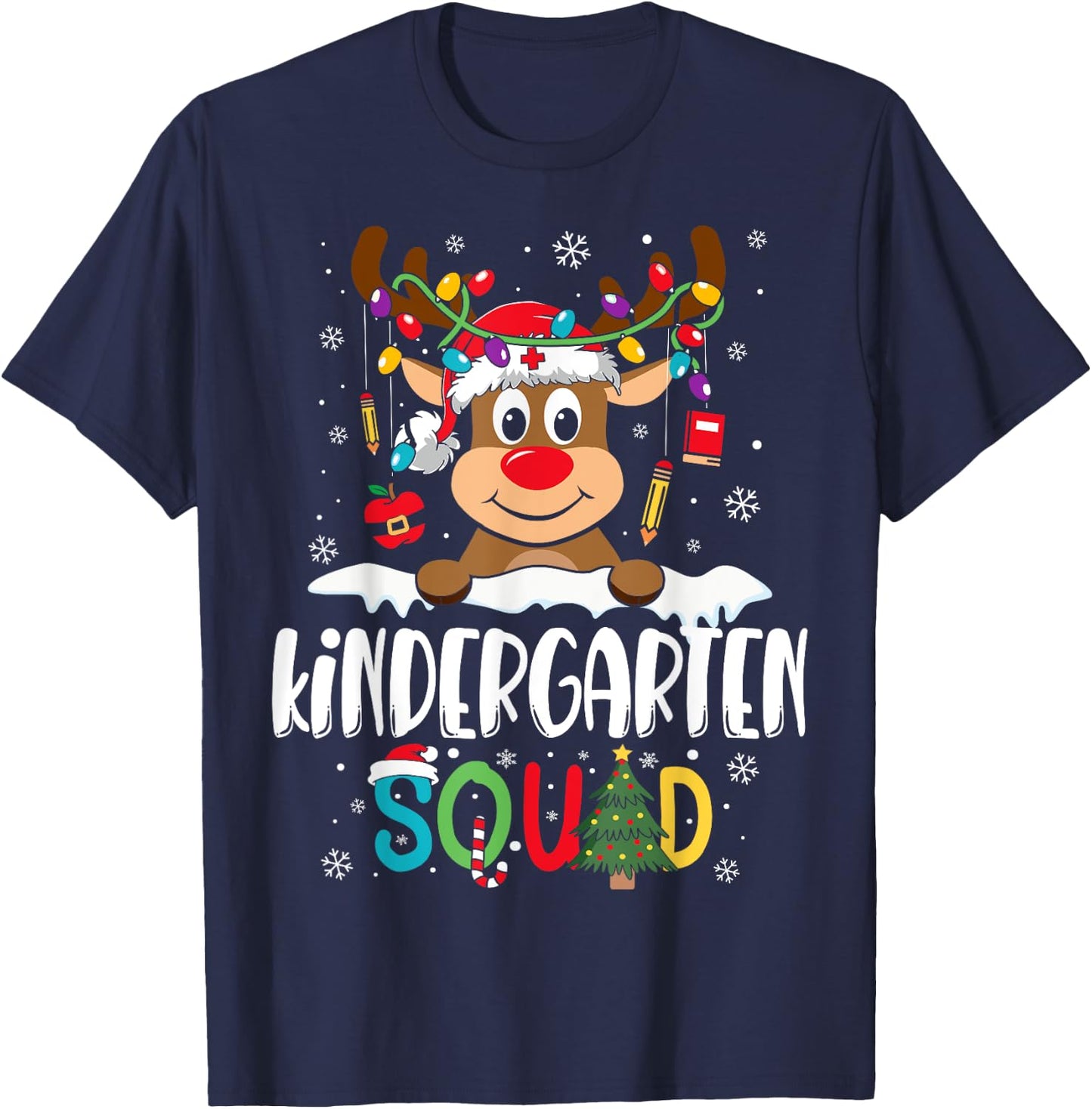 Kindergarten Teacher Squad Funny Reindeer Teacher Christmas T-Shirt - T-Shirt | Navy