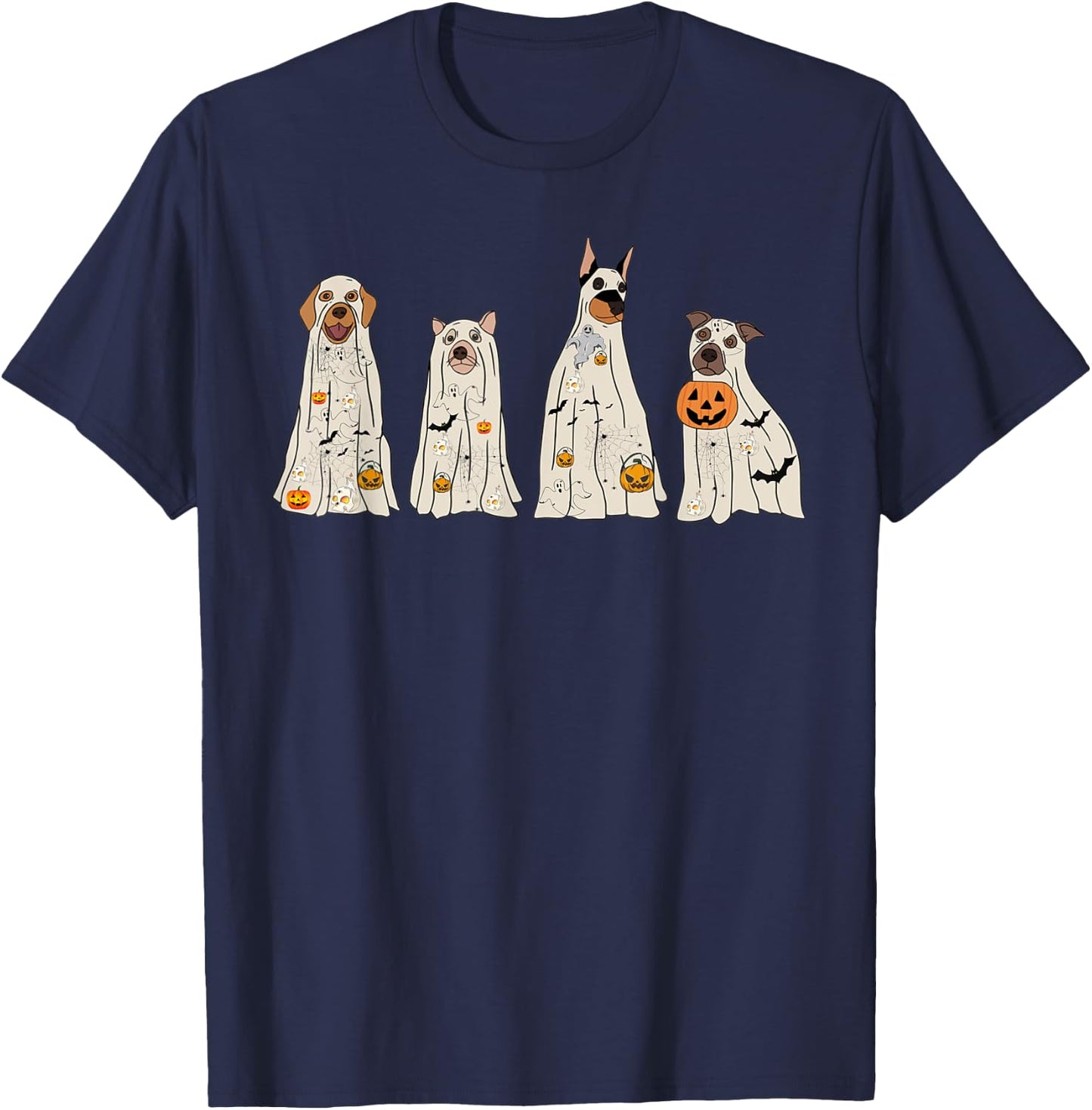 Halloween Ghost Dogs, Dog Treat Or Treating Pumpkin Funny T-Shirt - T-Shirt | Navy