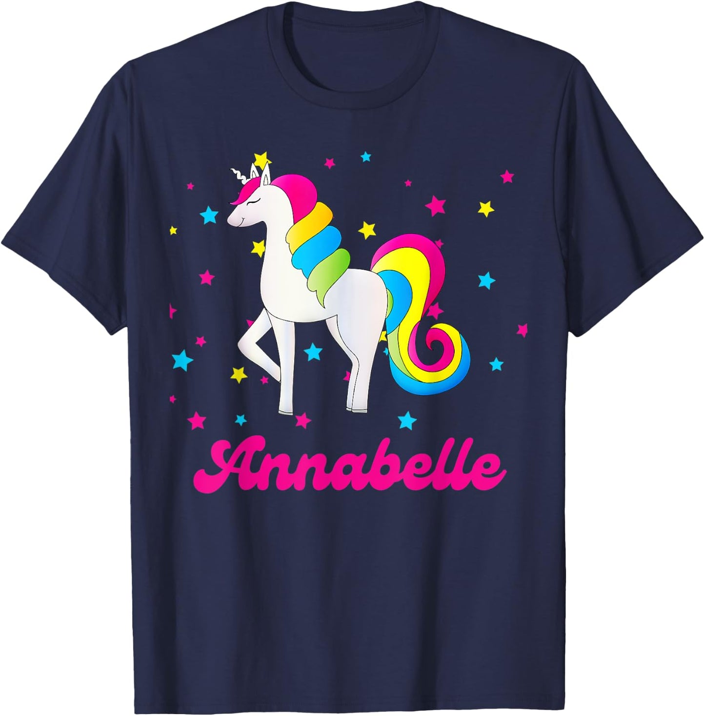 Cute Rainbow Unicorn Pink and Blue Personalized Annabelle T-Shirt - T-Shirt | Navy