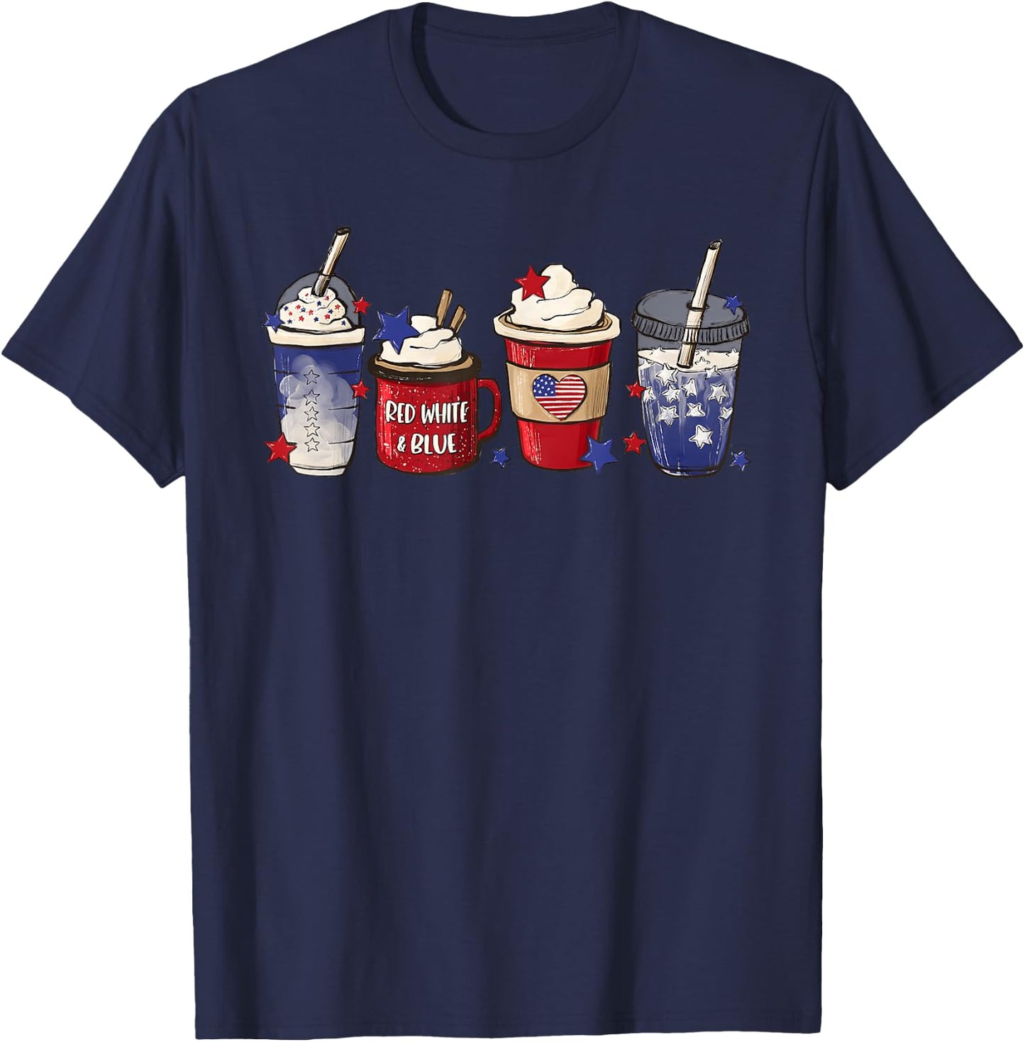 Red White Blue Latte Ice Coffee USA 4th Of July Patriotic Women Kids Men T-Shirt - T-Shirt | Navy