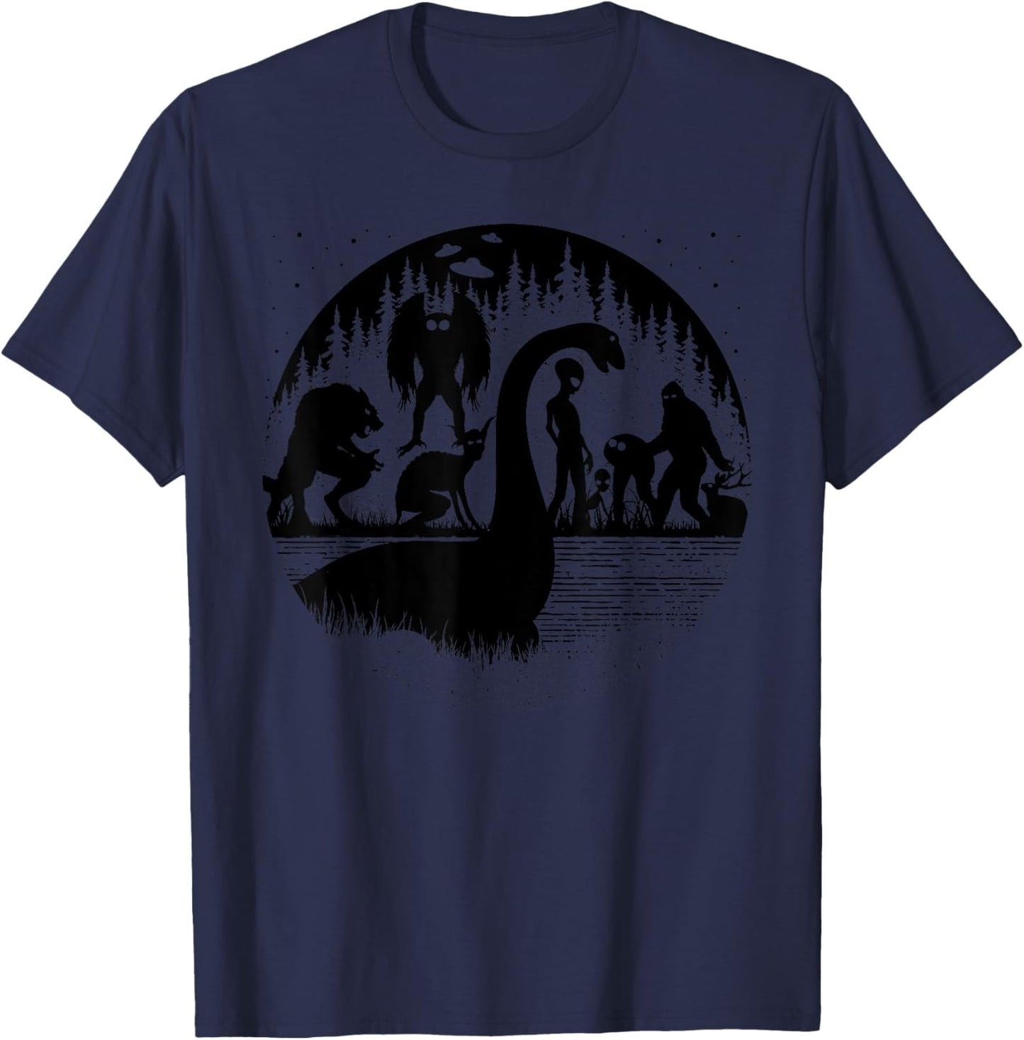 Bigfoot Loch Ness Monster Mothman And Aliens! Funny Cryptid T-Shirt - T-Shirt | Navy