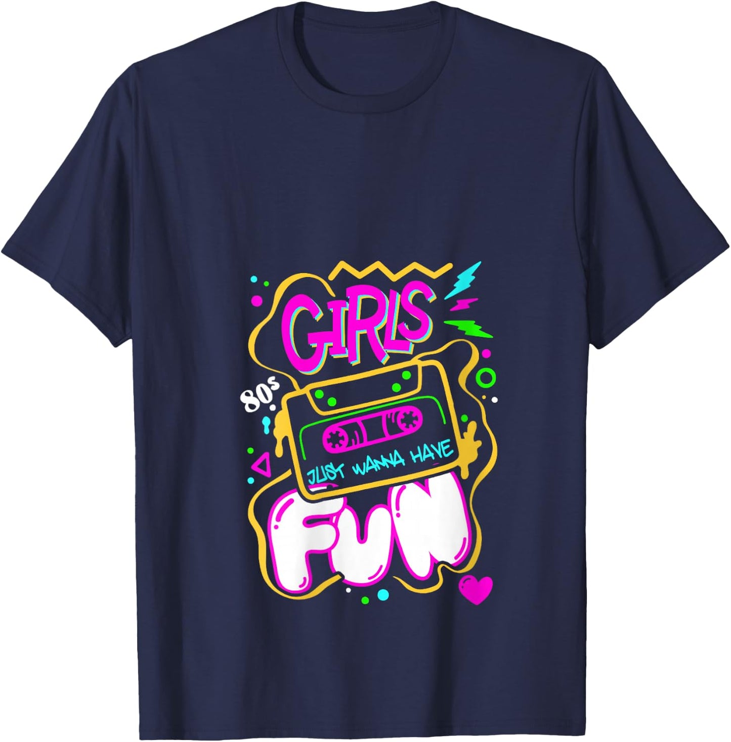 Girls Just Wanna Have Fun Nostalgia 1980s V-Neck T-Shirt - T-Shirt | Navy