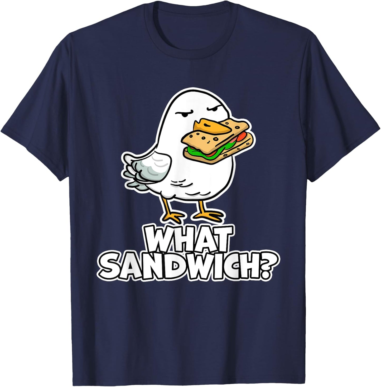 Cartoon Gull Wear To Beach What Sandwich? Funny Seagull Men Women Girls Kids T-Shirt - T-Shirt | Navy