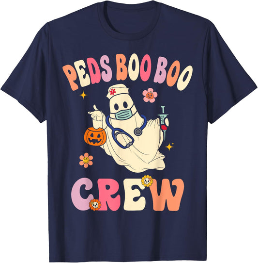 Peds Nurse Boo Crew Retro Halloween Pediatric Nurse T-Shirt - T-Shirt | Navy