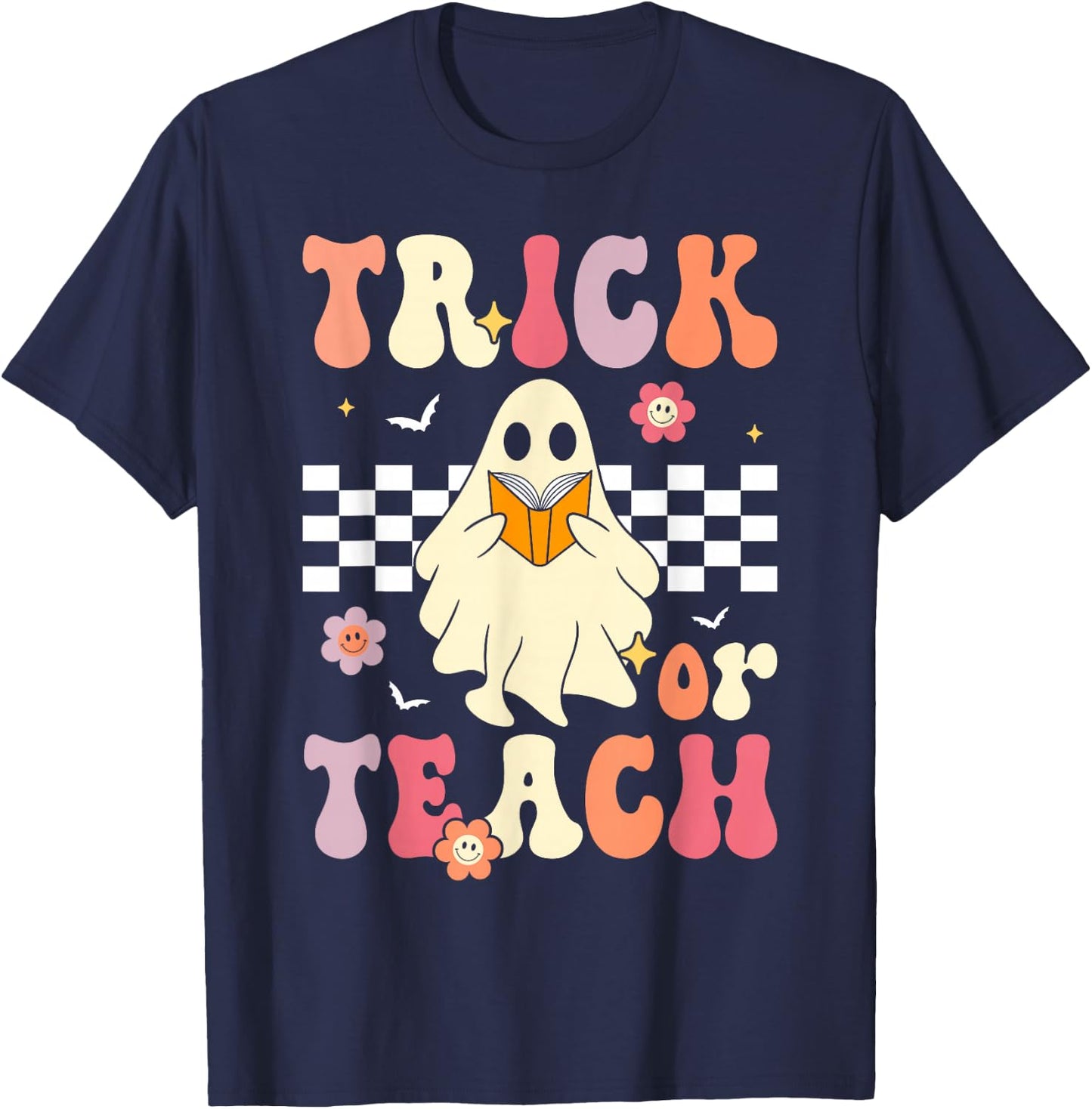 Groovy Teacher Halloween Retro Trick or Teach Floral Ghost T-Shirt - T-Shirt | Navy
