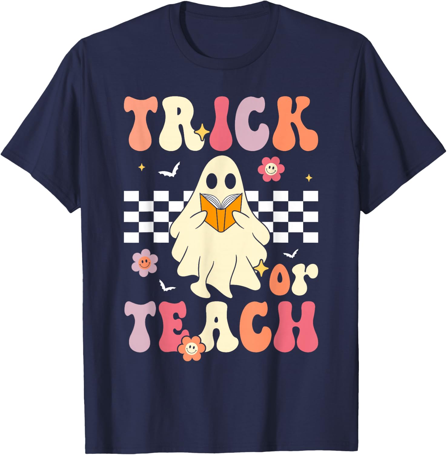 Groovy Teacher Halloween Retro Trick or Teach Floral Ghost T-Shirt - T-Shirt | Navy