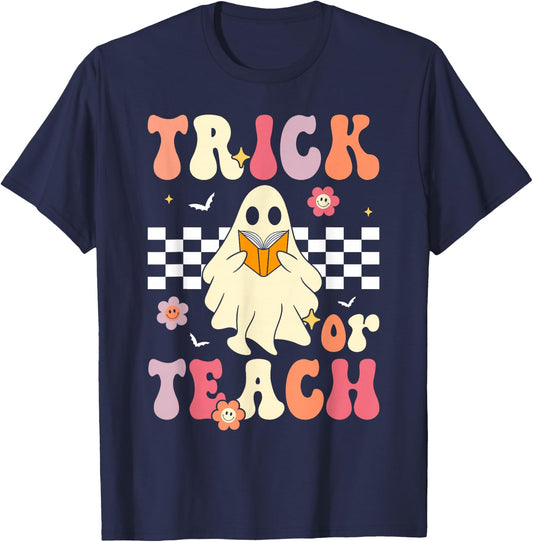 Groovy Teacher Halloween Retro Trick or Teach Floral Ghost T-Shirt - T-Shirt | Navy