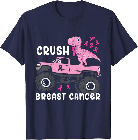 Kids Crush Breast Cancer Monster Truck Dinosaur T Rex Boys Kids T-Shirt - T-Shirt | Navy
