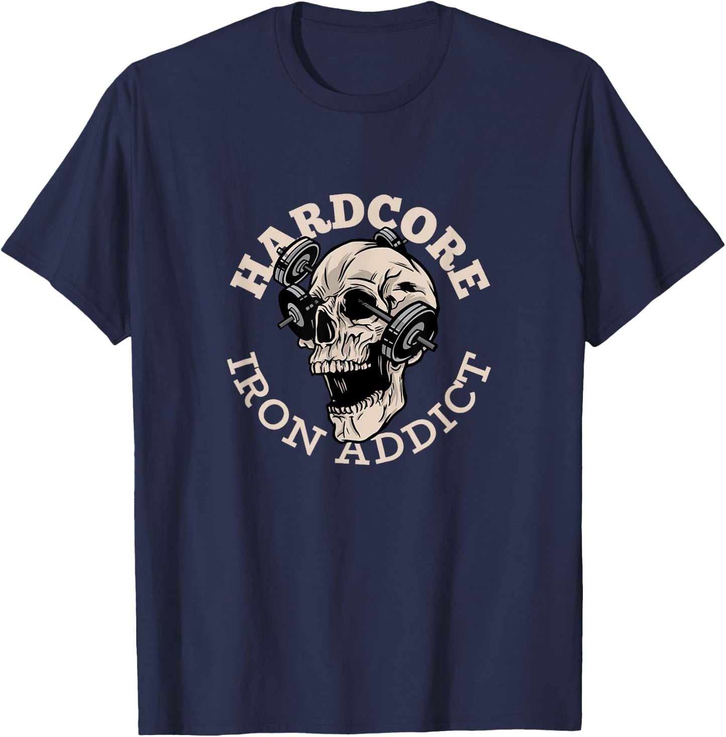 Hardcore Iron Addict, Skull Weightlifting T-Shirt - T-Shirt | Navy