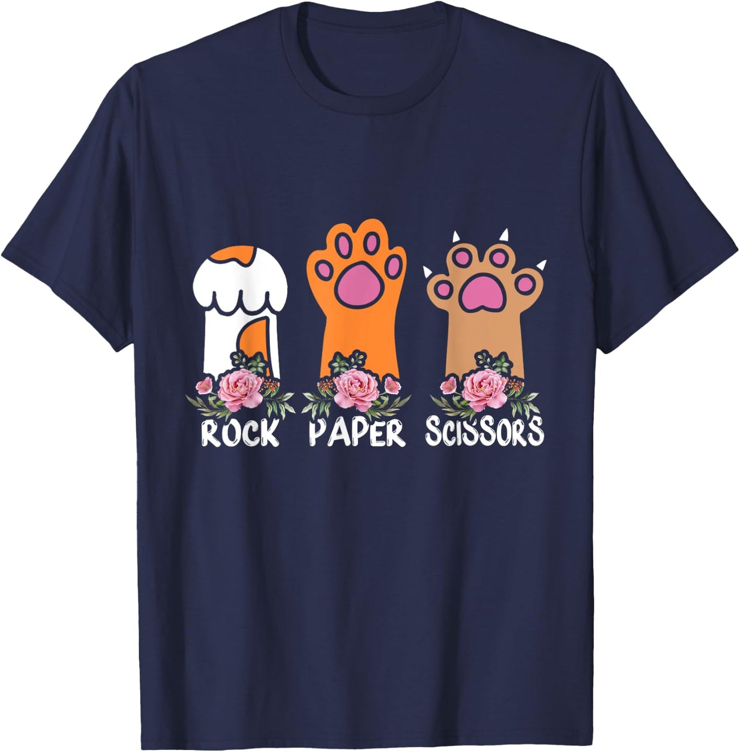 Rock Paper Scissors Hand Game Meme Animal Paw Flower Cat Men Women Kids T-Shirt - T-Shirt | Navy