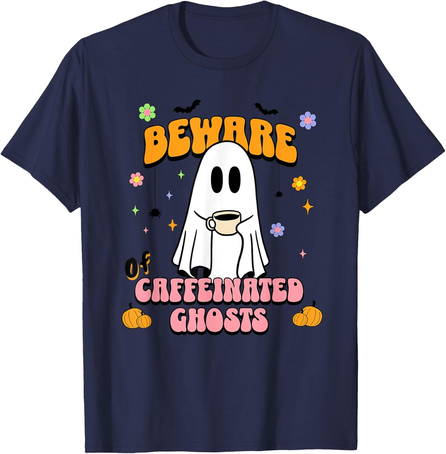 Cute Ghost Drinking Coffee Halloween Spooky Season Lover T-Shirt - T-Shirt | Navy