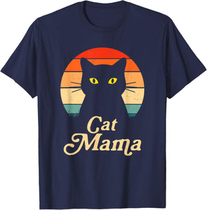Vintage Cat Mama Wildlife Happy Mother's Day Black Cat Mom T-Shirt - T-Shirt | Navy