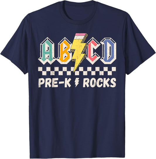 ABCD Pre-k Kindergarten Rocks Pencil Lightning Teachers Rock T-Shirt - T-Shirt | Navy