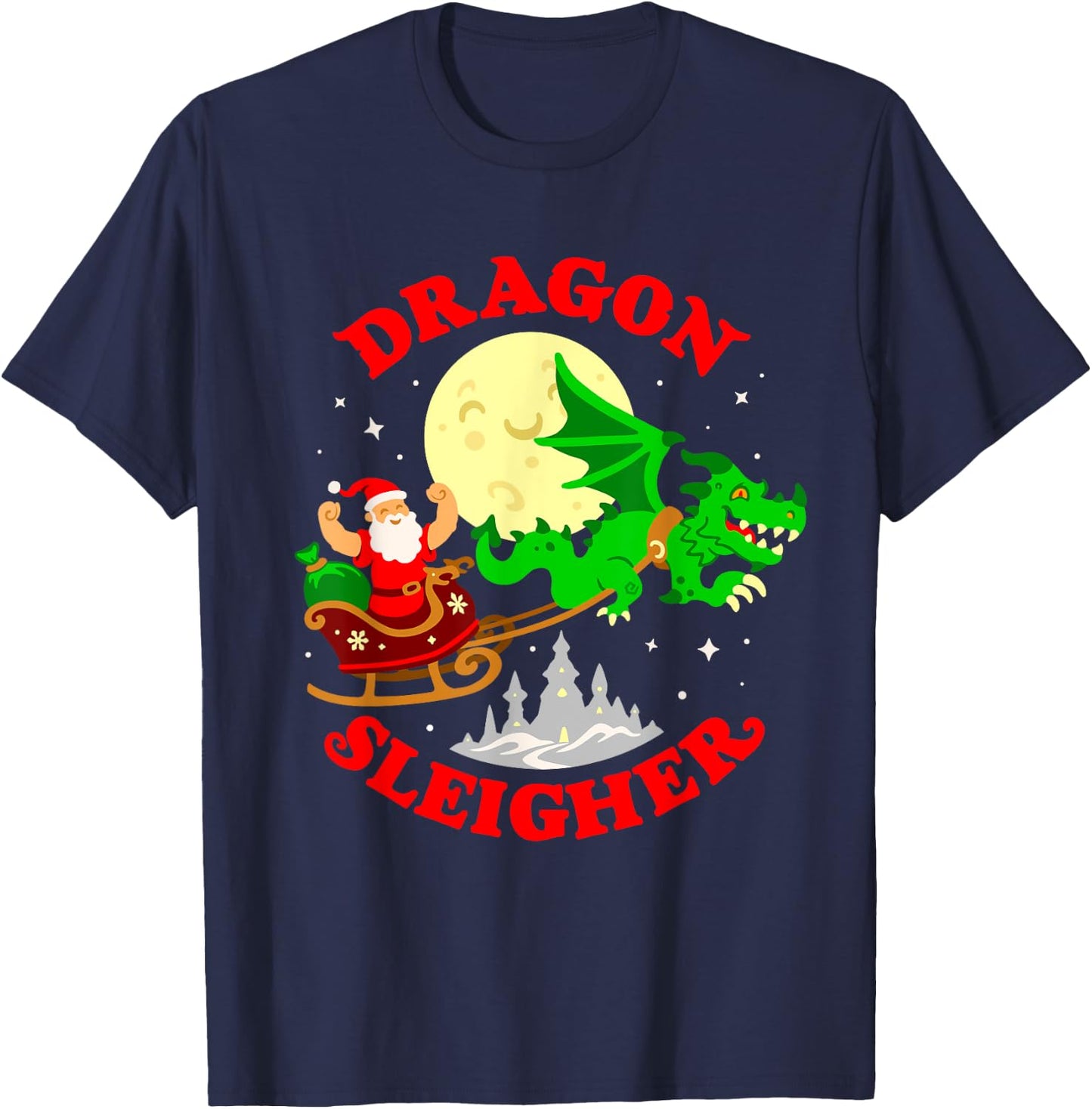 Dragon Sleigher Funny Cute Fantasy Dragon Santa Christmas T-Shirt - T-Shirt | Navy