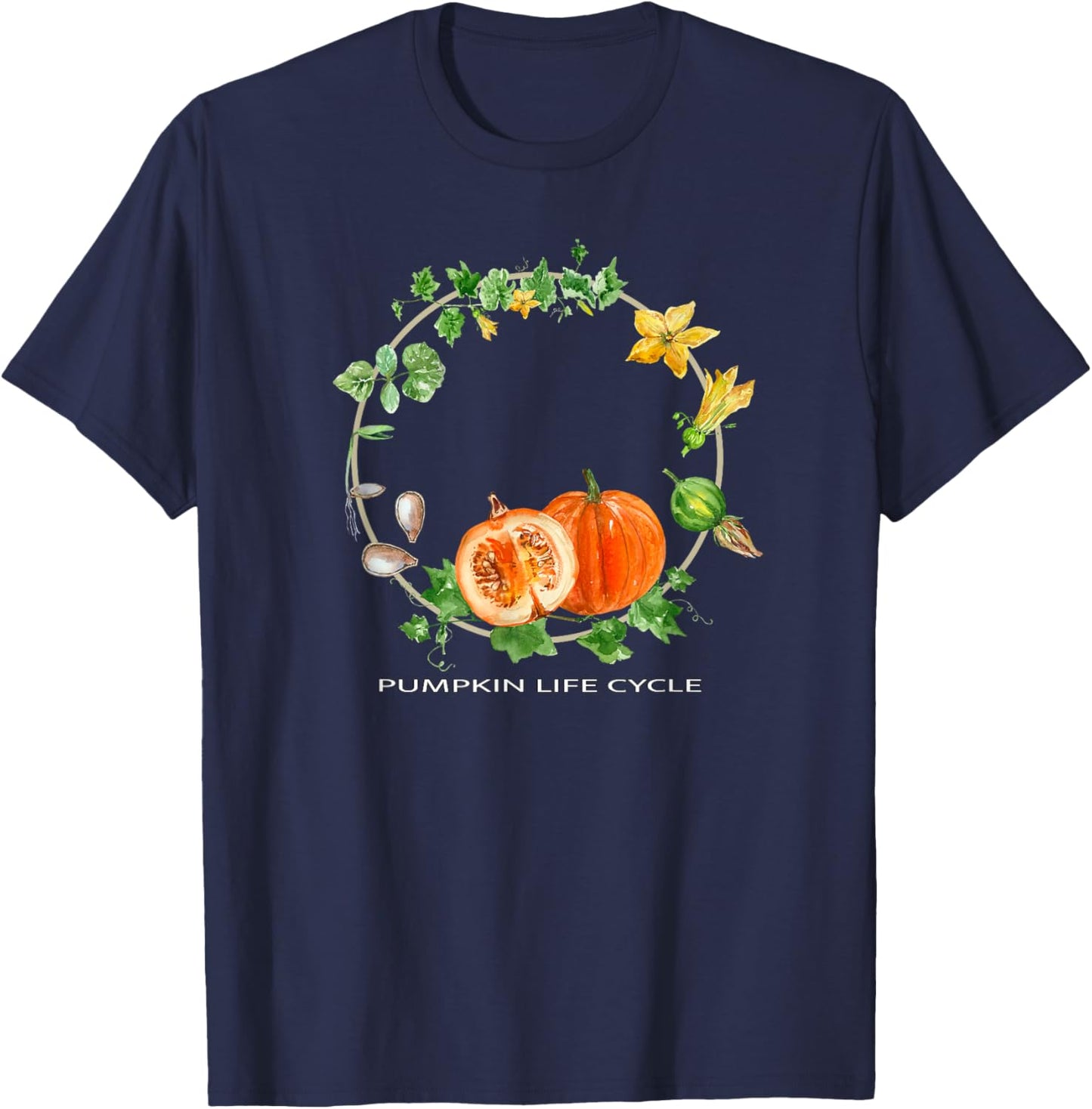 Pumpkin Life Cycle Gardening Fruit Plant Growth Stages Art T-Shirt - T-Shirt | Navy
