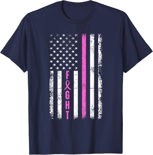 Fight Breast Survivor American Flag Breast Cancer Awareness T-Shirt - T-Shirt | Navy