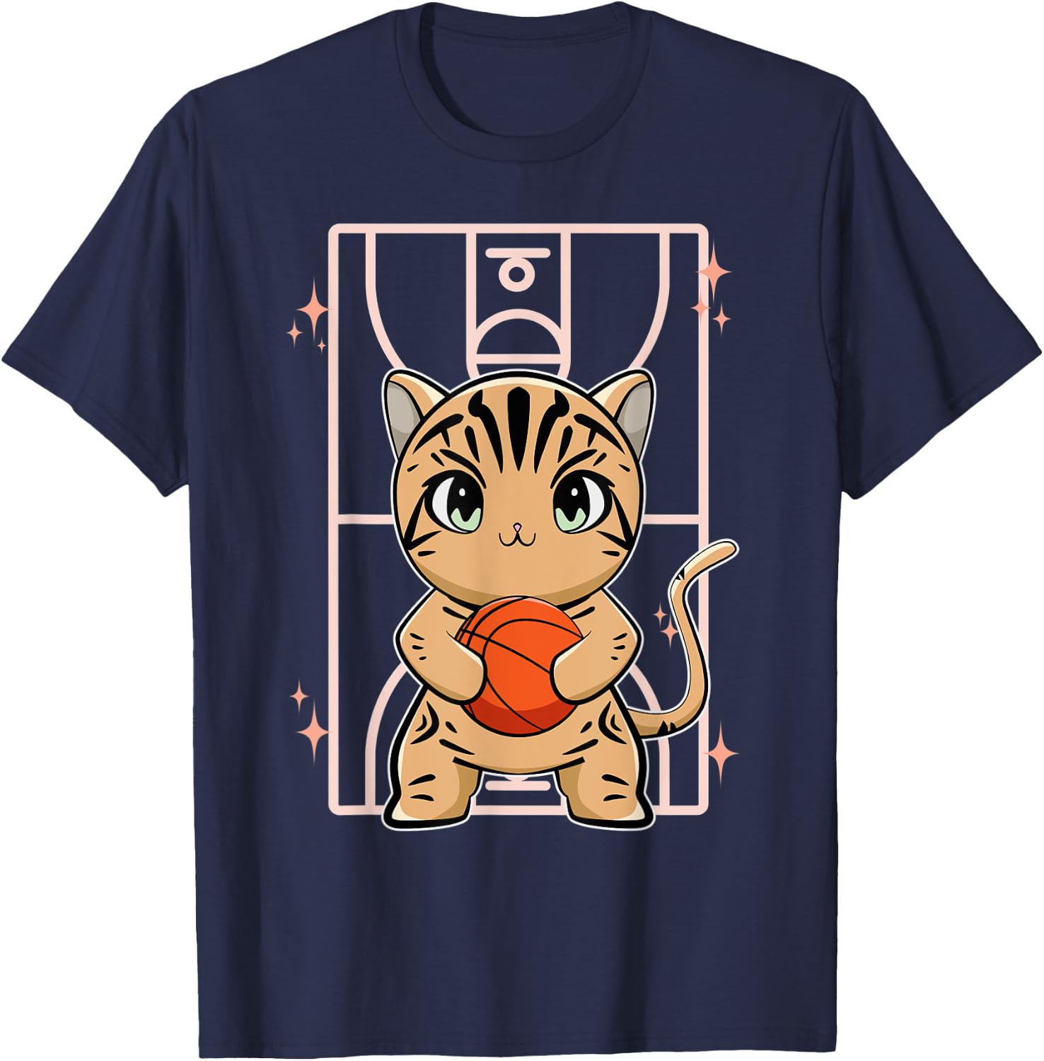 American Shorthair Cat With Basketball Men Women Kids T-Shirt - T-Shirt | Navy
