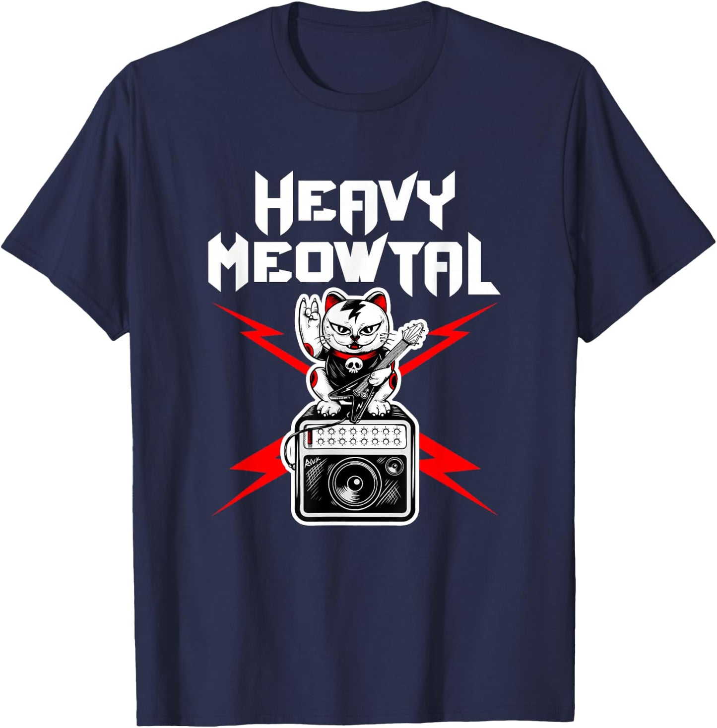 Heavy Meowtal Cat Metal Music Rock Guitarist Bassist T-Shirt - T-Shirt | Navy