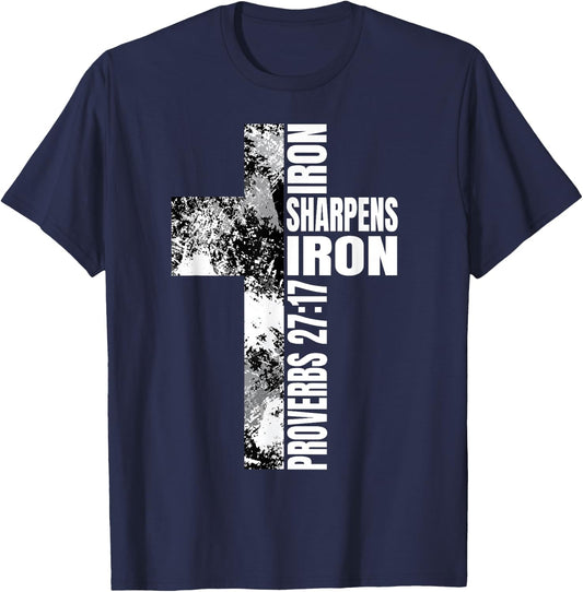 Black White Cross Iron Sharpens Iron Verse Christian Couples T-Shirt - T-Shirt | Navy
