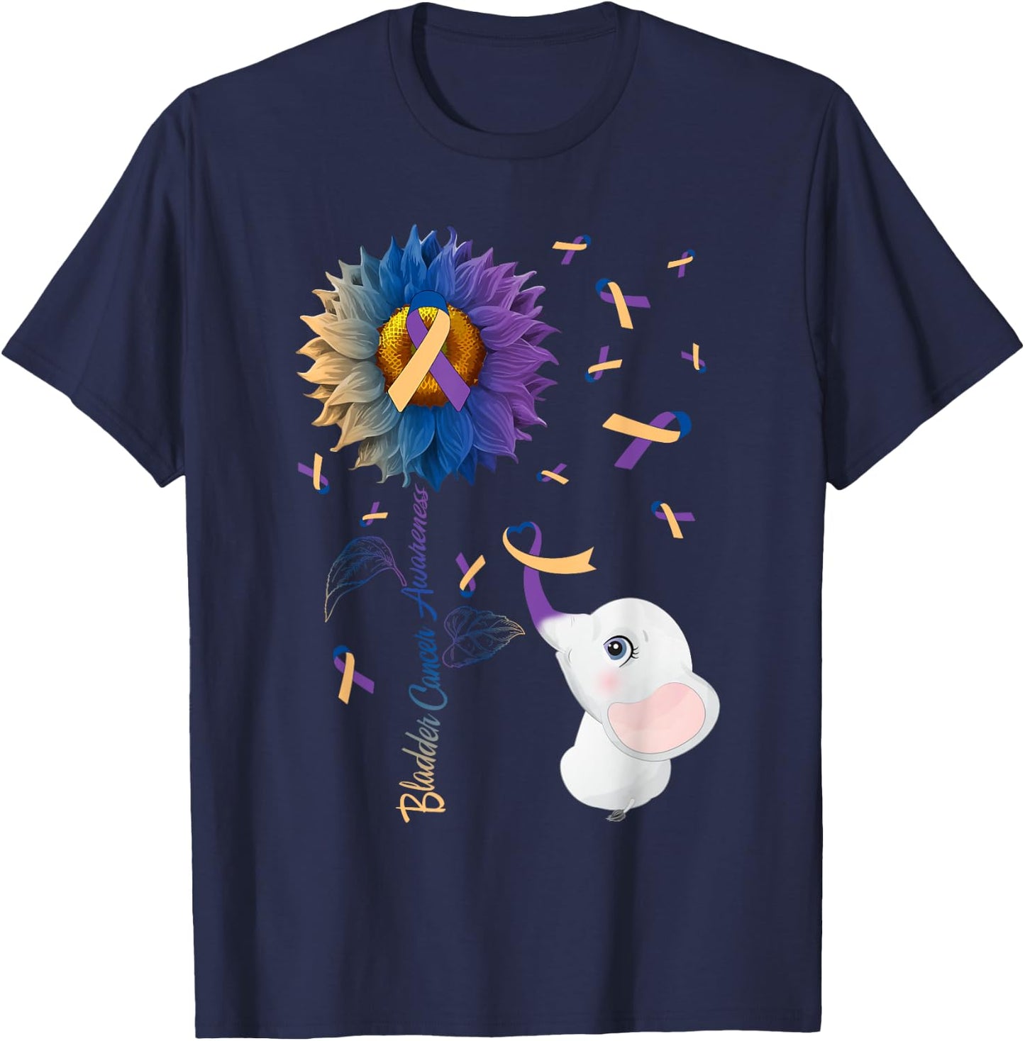 Elephant & Sunflower Bladder Cancer Awareness Month Warrior T-Shirt - T-Shirt | Navy