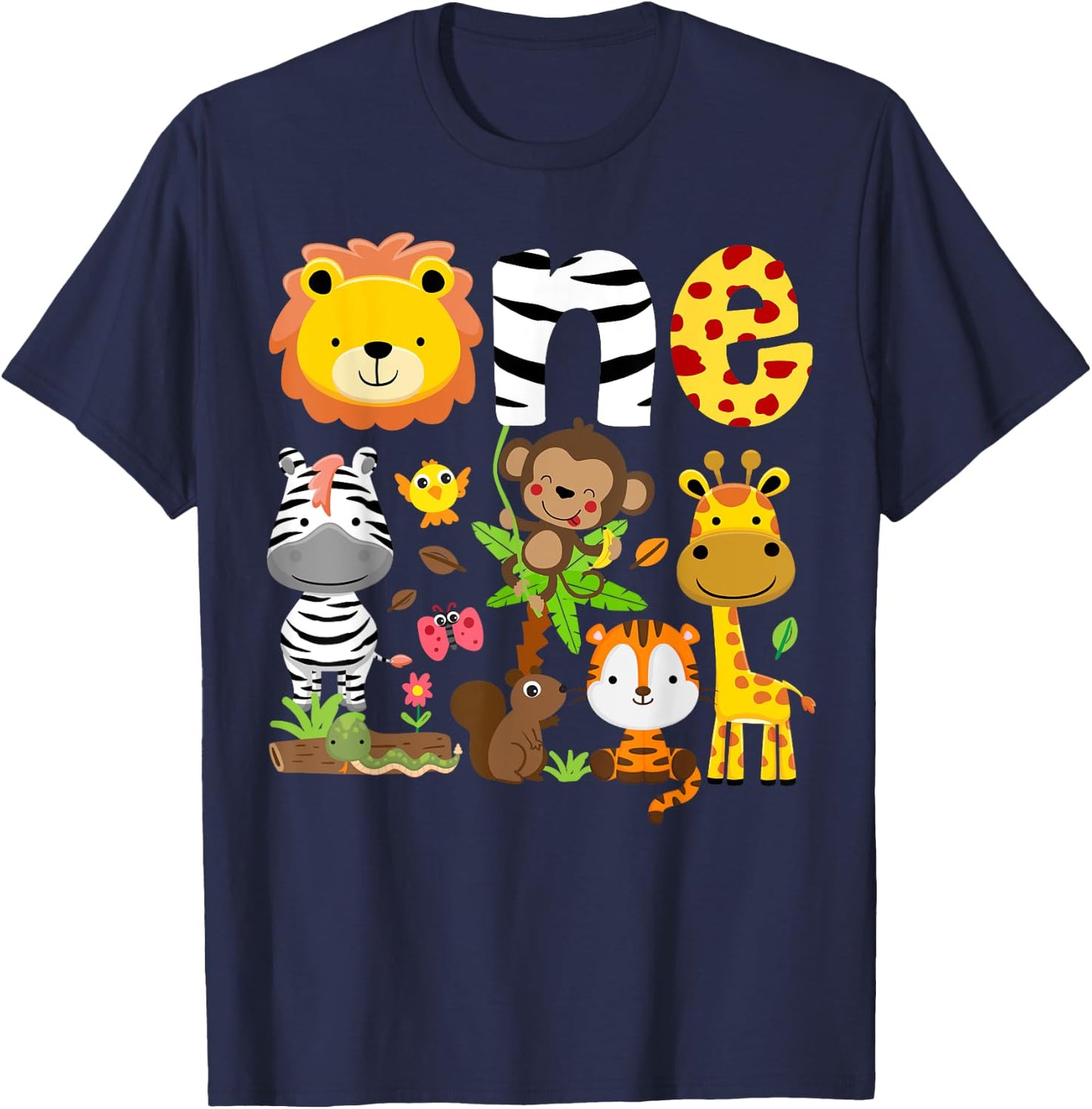 1st Birthday One Year Old Zoo Theme Safari Jungle Animals T-Shirt - T-Shirt | Navy