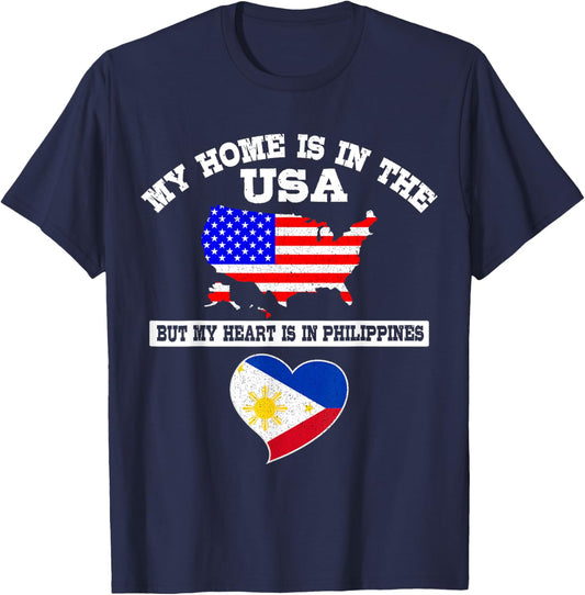 My Home Is In USA My Heart Is In Philippines American Pinoy T-Shirt - T-Shirt | Navy