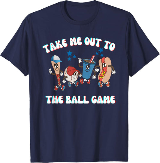 Retro Take Me Out ToThe Ball Game Baseball Hot Dog Bat Ball T-Shirt - T-Shirt | Navy