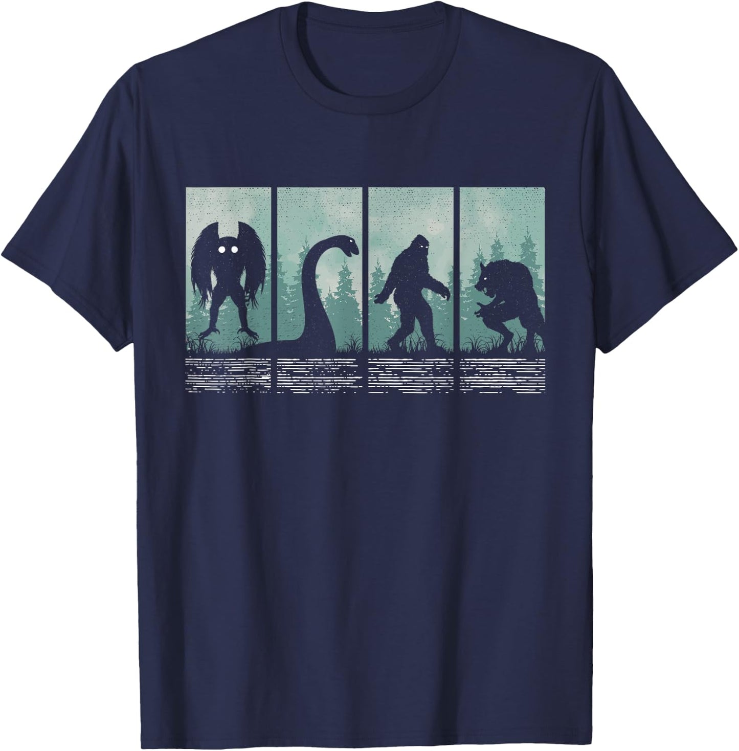 Bigfoot Loch Ness Monster Mothman and Dogman! Funny Cryptid T-Shirt - T-Shirt | Navy