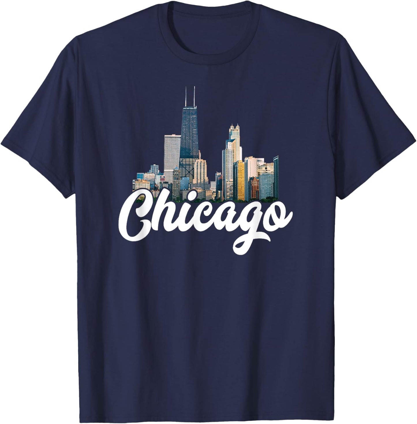 Chicago Skyline Architecture Retro Deep Dish Pizza River T-Shirt - T-Shirt | Navy