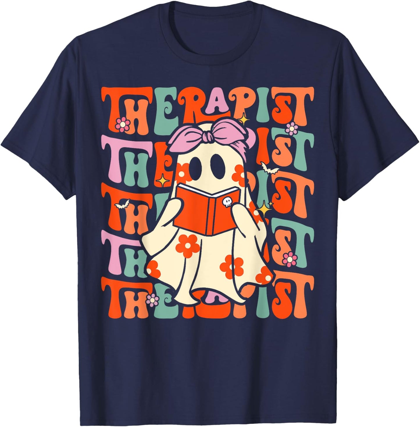 Therapist Groovy Halloween Retro Ghost Mental Health Therapy T-Shirt - T-Shirt | Navy