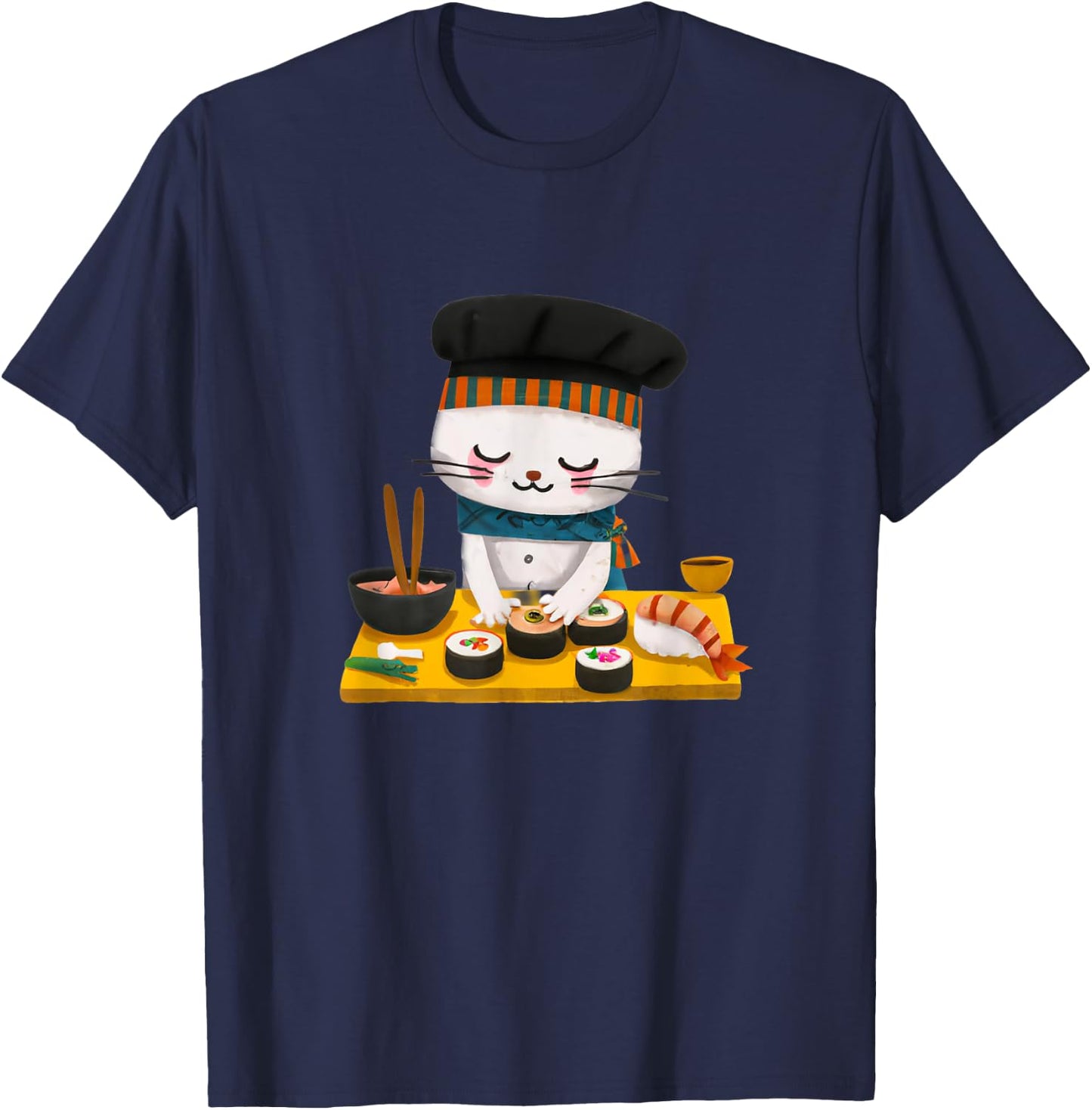 Sushi Cat Chef Kawaii Japanese Neko Men Women Girls Kids T-Shirt - T-Shirt | Navy