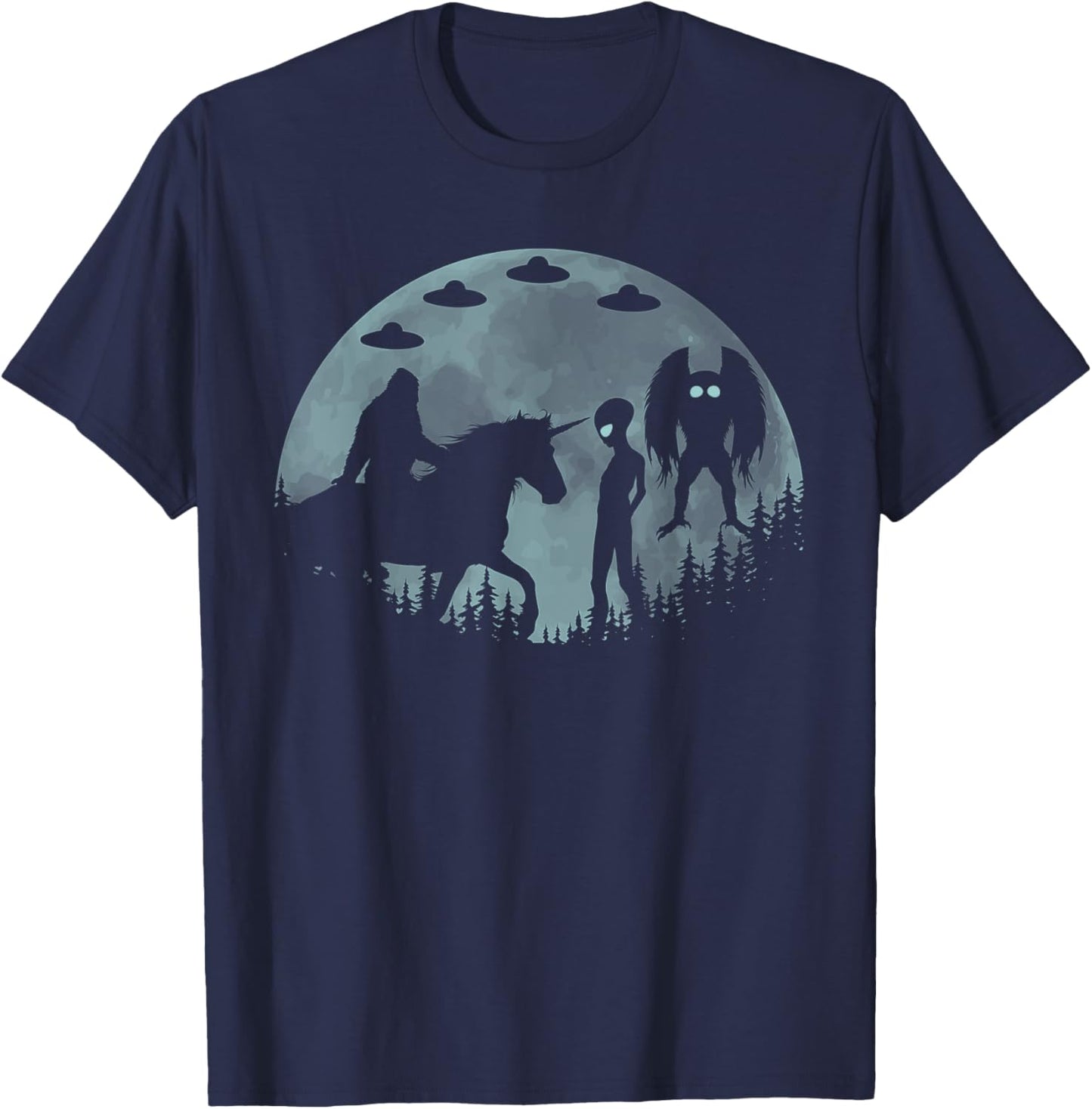 Bigfoot Riding Unicorn Funny Sasquatch Ufo Mothman And Alien T-Shirt - T-Shirt | Navy