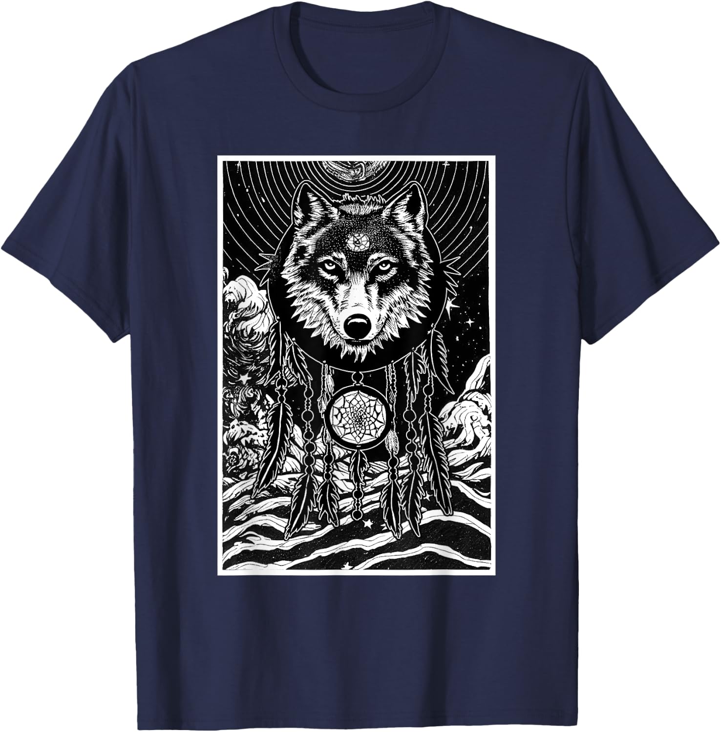 Dreamcatcher Wolf Full Moon Wiccan Native American T-Shirt - T-Shirt | Navy