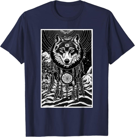 Dreamcatcher Wolf Full Moon Wiccan Native American T-Shirt - T-Shirt | Navy