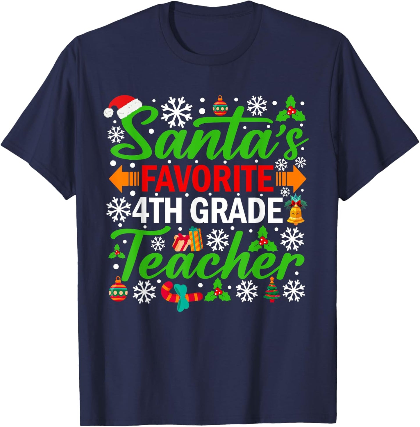 Santa's Favorite 4th Grade Teacher Shirt Funny Christmas T-Shirt - T-Shirt | Navy